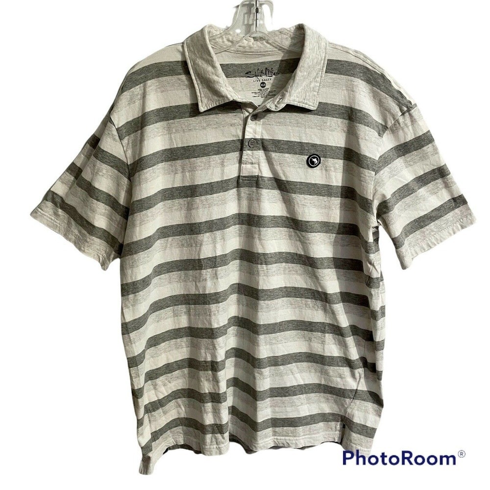 Salt Life XL Polo Shirt Men Grey Stripe Logo 100% Cotton Casual Lightwei…